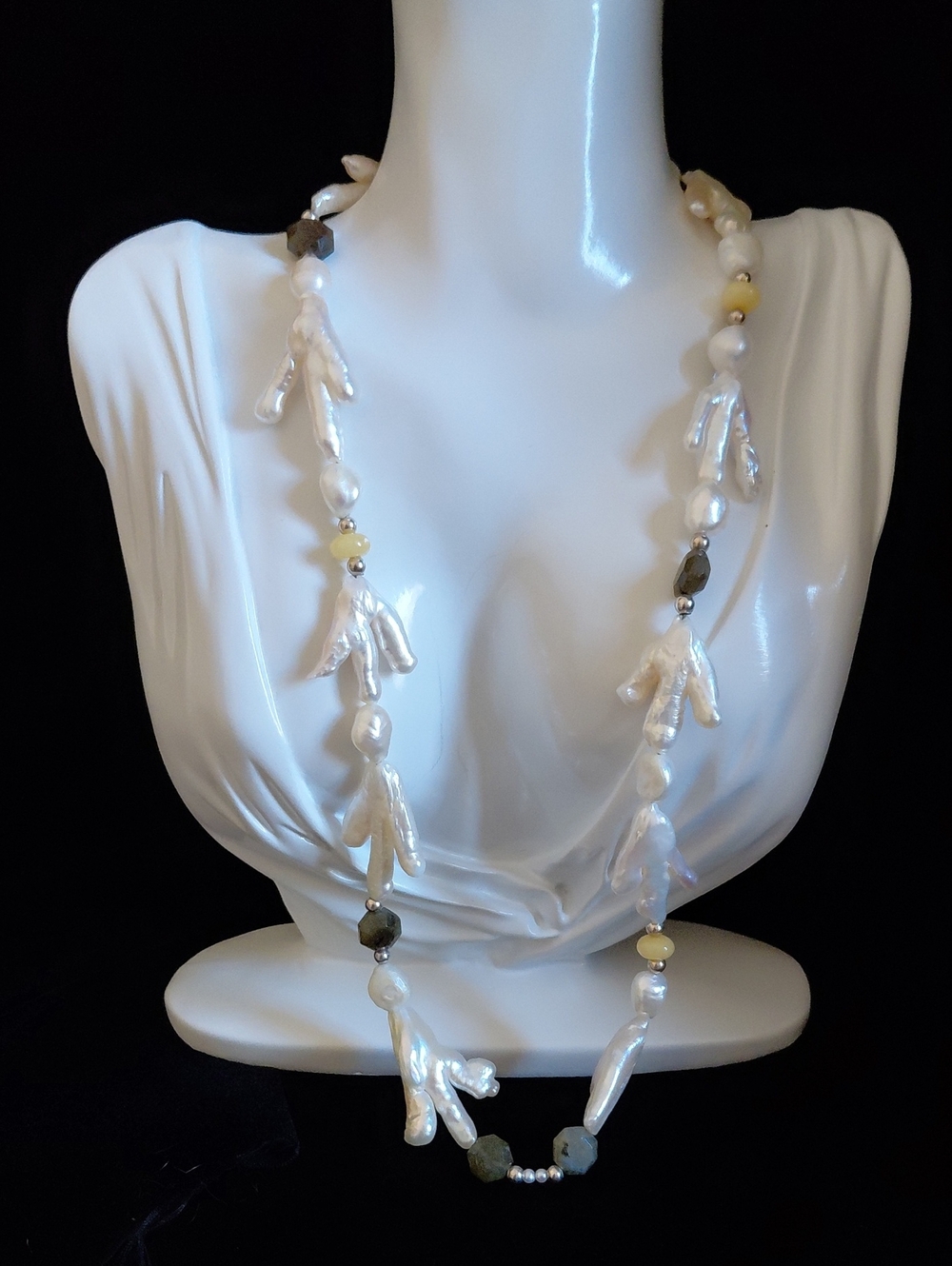 Vintage Artisan Biwa Branch Pearl Citrine Labradorite Sterling Silver Necklace